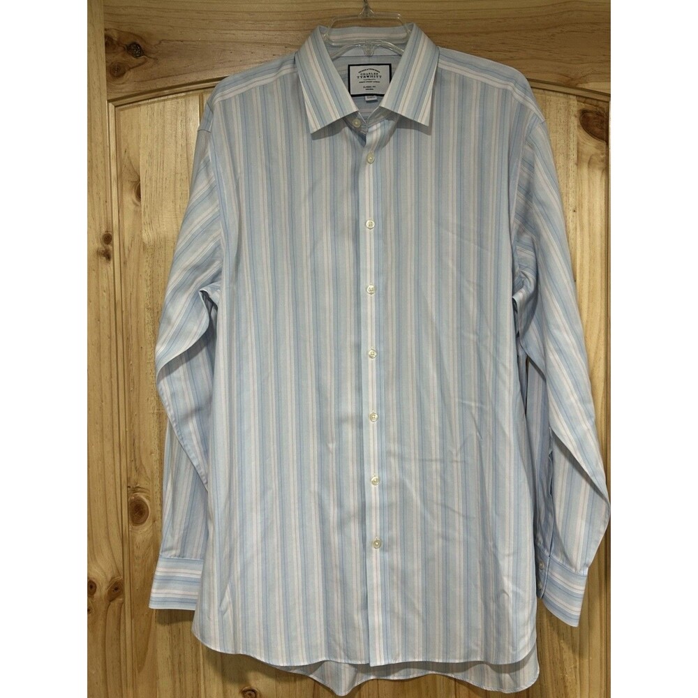Charles Tyrwhitt Dress Shirt White Blue Pink Stripes 17/35 Non Iron Cotton